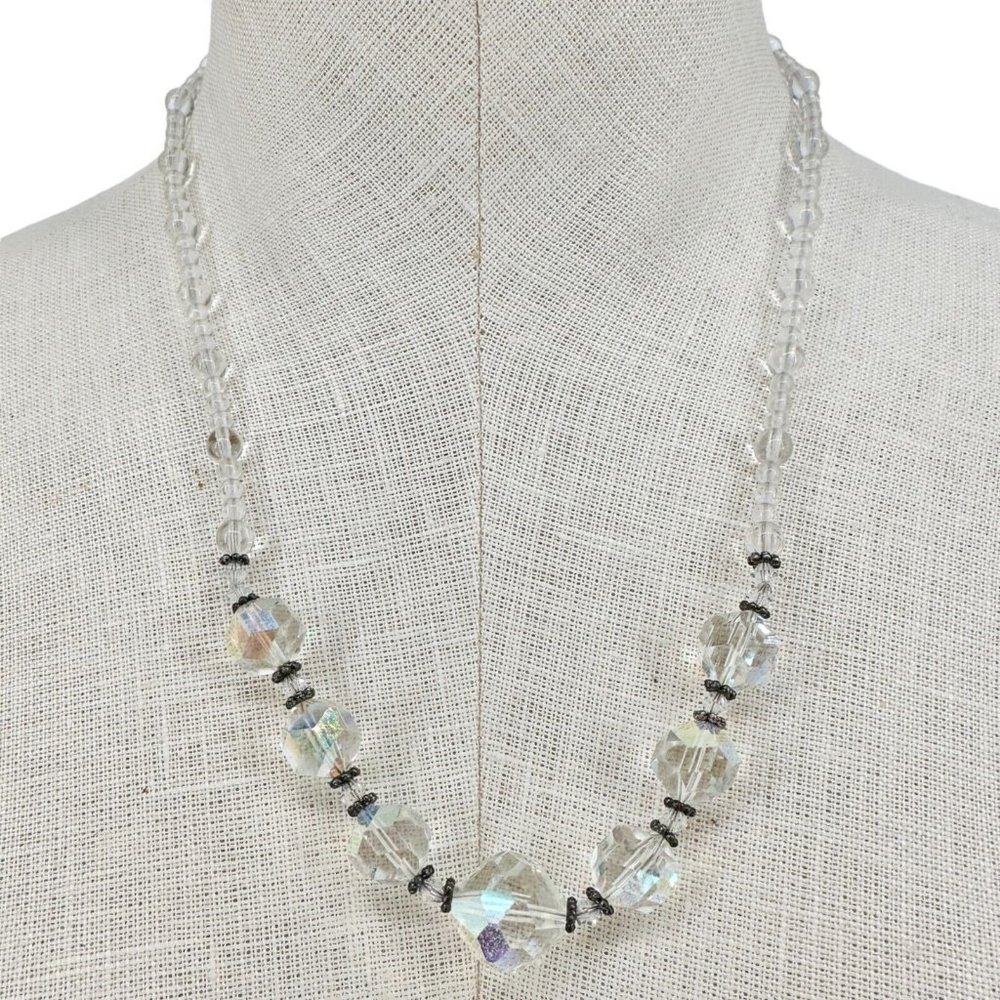 Handmade Necklace Clear Beads and Silvertone Accent Pieces 20" Long